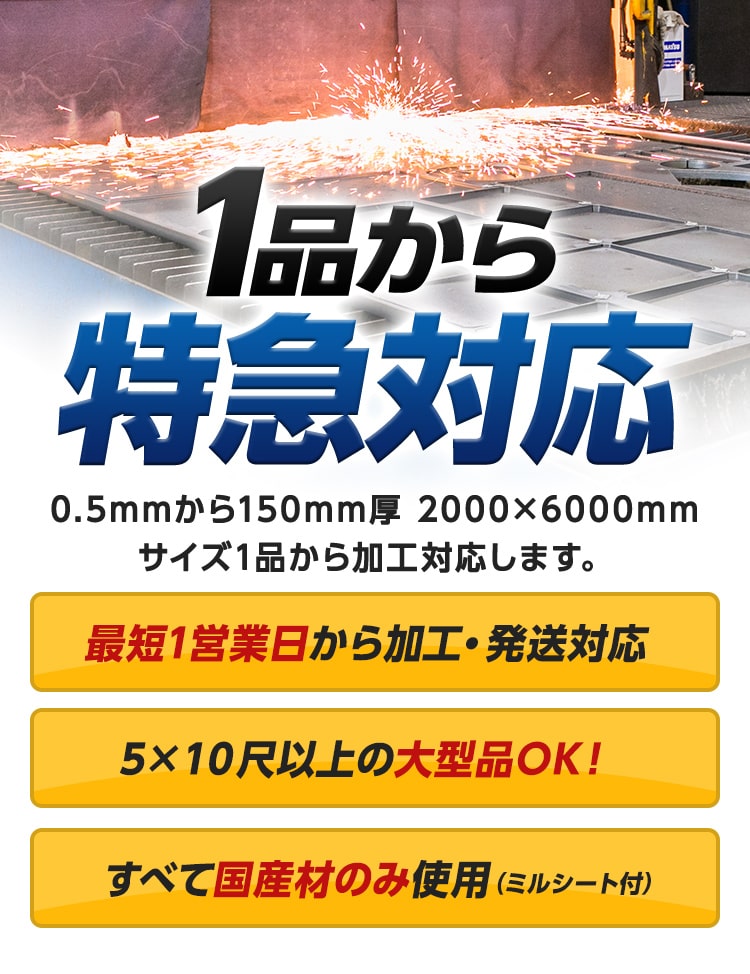 1品から特急対応0.5mmから150mm厚 2000×6000mm サイズ1品から加工対応します。 最短1営業日から加工・発送対応 5×10尺以上の大型品OK! すべて国産材のみ使用(ミルシート付)